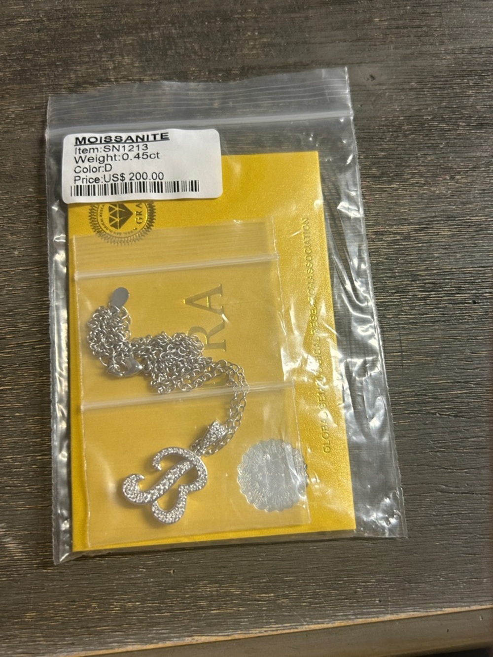 Moissanite‎ Silver B Pendant Necklace - Yellow Card Backing